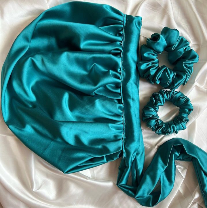 photo of satin bonnet and scrunchies